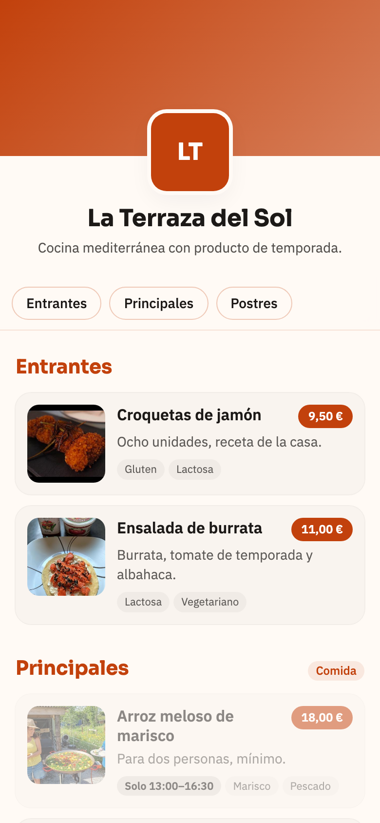Página pública de menú