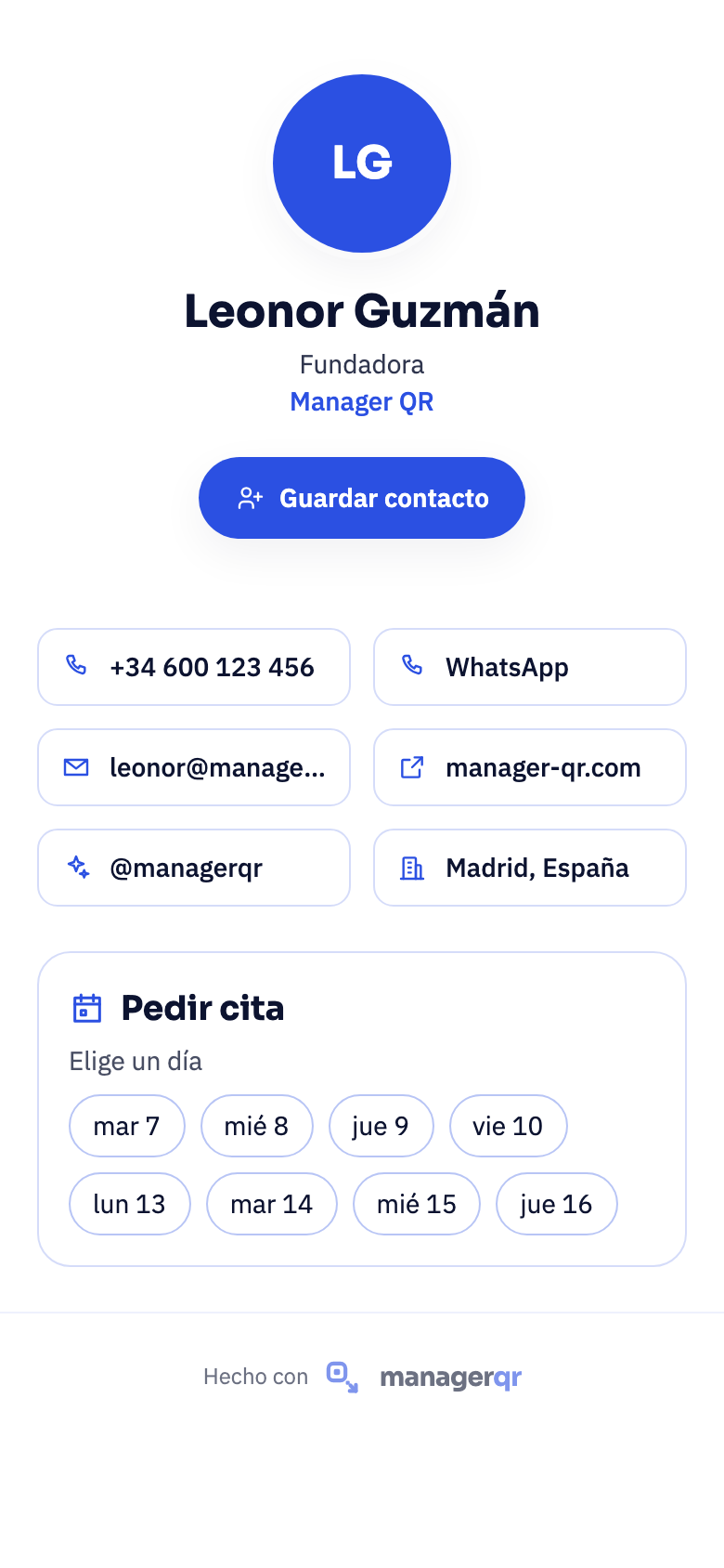 Página pública de contacto y agenda
